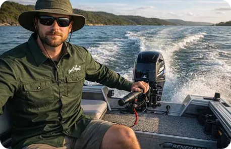 Easy fisher button up shirt worn on boat