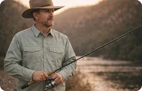Classic button up shirt worn by riverbank angler