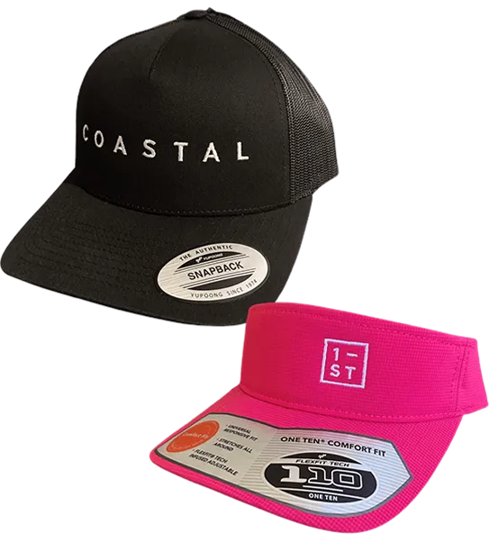 Custom embroidered black snapback cap and neon pink visor showcase