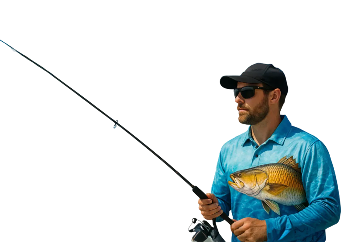 Angler with fishing rod wearing custom fish graphic apparel shirt