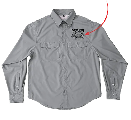 Premium gray customization fishing shirt showing logo badge layout mapping pointer arrow